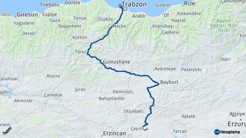 Trabzon Çayırlı Erzincan Arası Kaç Km - Yol Haritası