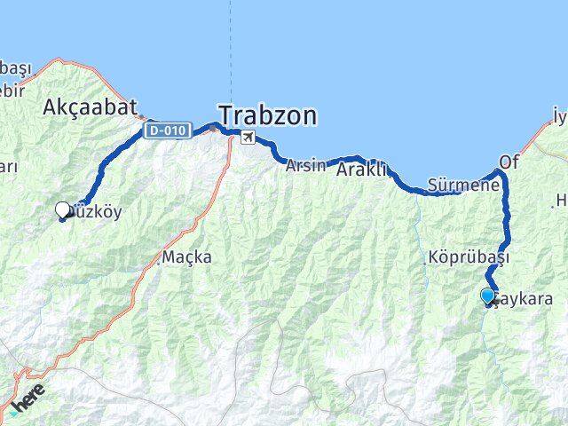 Trabzon Çaykara Düzköy Arası Kaç Km - Yol Haritası