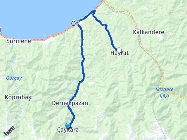 Trabzon Çaykara Hayrat Arası Kaç Km - Yol Haritası