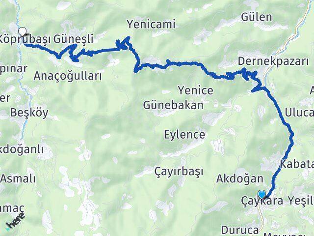 Trabzon Çaykara Köprübaşı Arası Kaç Km - Yol Haritası