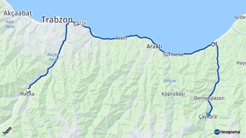 Trabzon Çaykara Maçka Arası Kaç Km - Yol Haritası