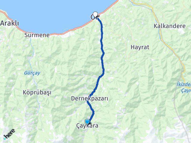 Trabzon Çaykara Of Arası Kaç Km - Yol Haritası