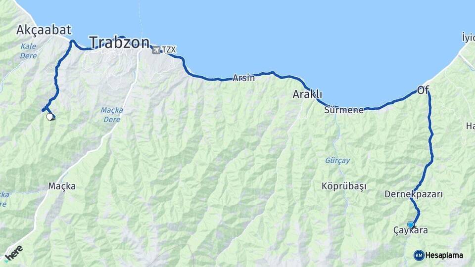 Trabzon Çaykara Ortahisar Arası Kaç Km - Yol Haritası