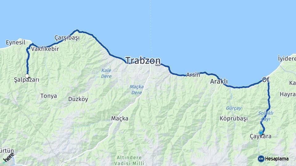 Trabzon Çaykara Şalpazarı Arası Kaç Km - Yol Haritası