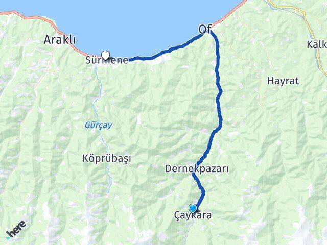 Trabzon Çaykara Sürmene Arası Kaç Km - Yol Haritası
