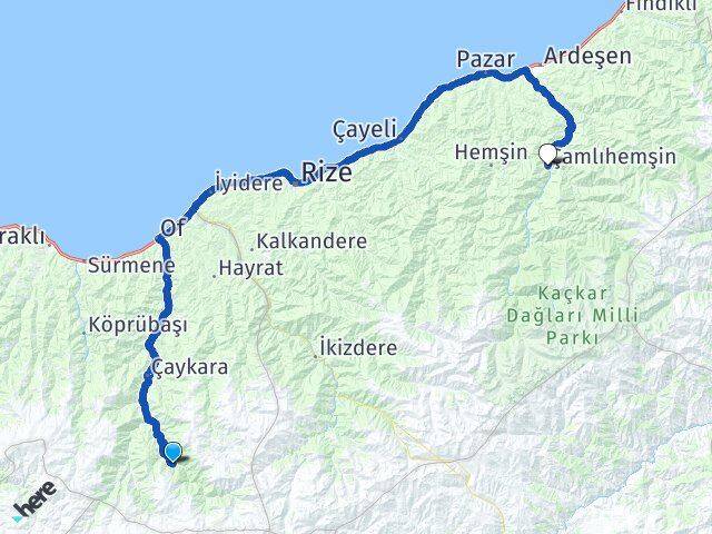 Trabzon Çaykara Uzungöl Çamlıhemşin Rize Arası Kaç Km - Yol Haritası