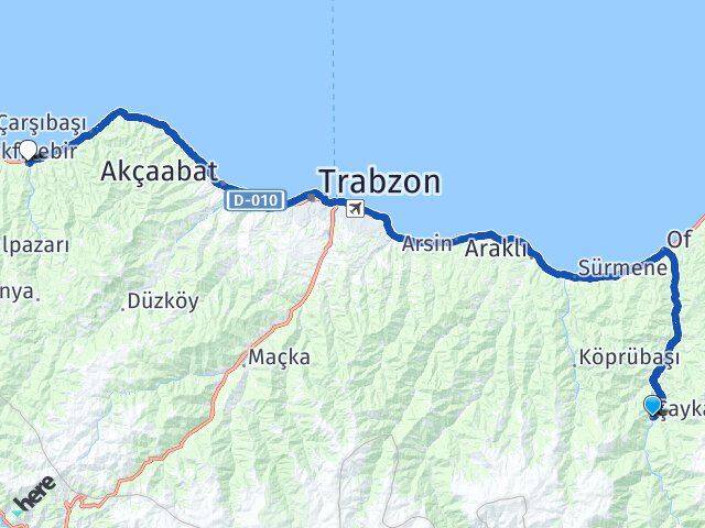 Trabzon Çaykara Vakfıkebir Arası Kaç Km - Yol Haritası