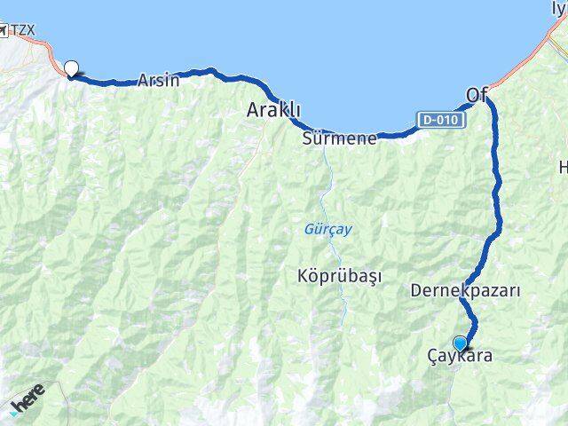 Trabzon Çaykara Yomra Arası Kaç Km - Yol Haritası