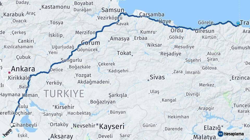 Trabzon Cihanbeyli Konya Arası Kaç Km - Yol Haritası