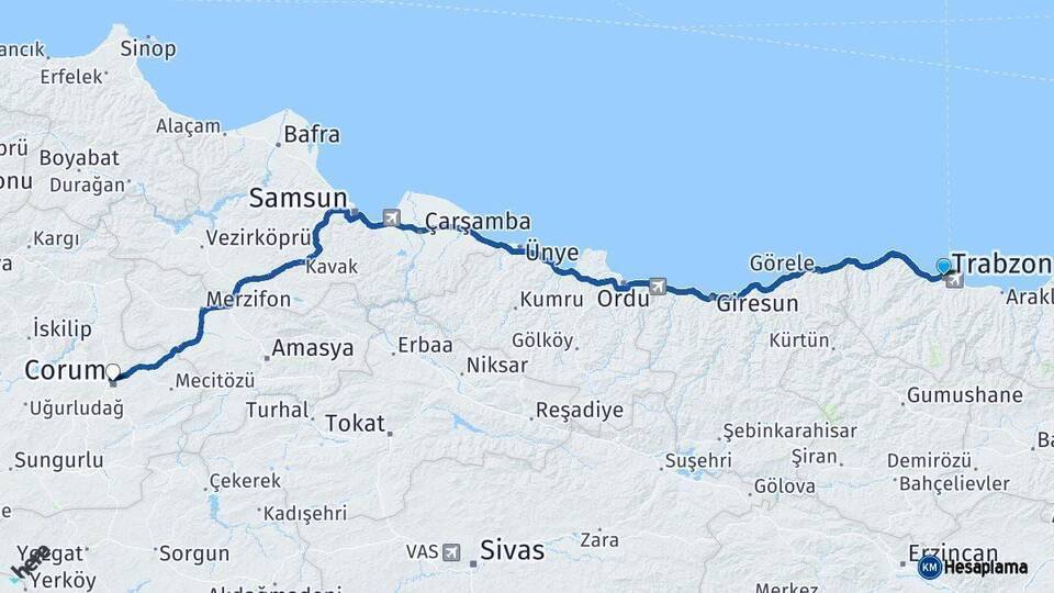 Trabzon Çorum Arası Kaç Km - Yol Haritası