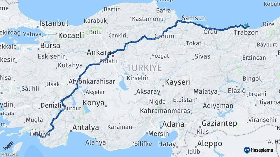 Trabzon Dalaman Muğla Arası Kaç Km - Yol Haritası