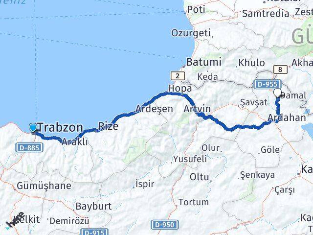 Trabzon Damal Ardahan Arası Kaç Km - Yol Haritası