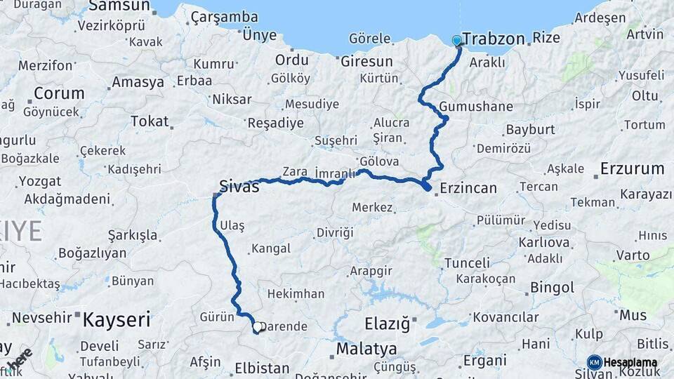 Trabzon Darende Malatya Arası Kaç Km - Yol Haritası