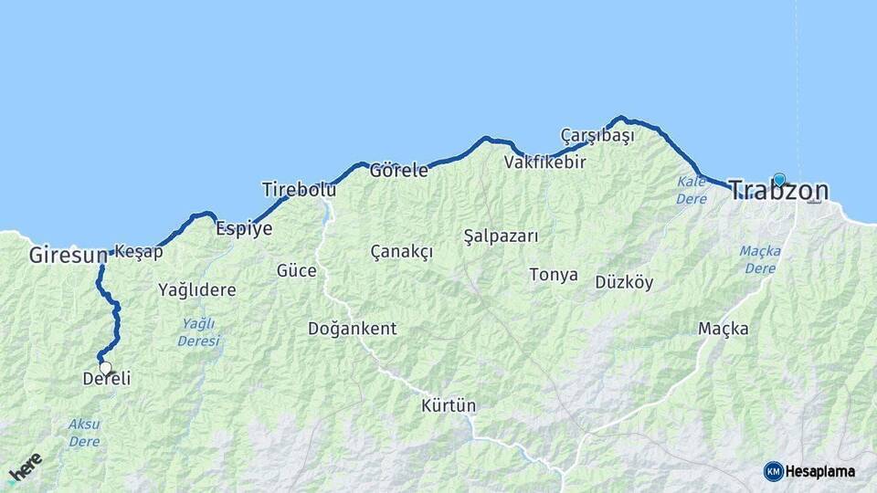 Trabzon Dereli Giresun Arası Kaç Km - Yol Haritası