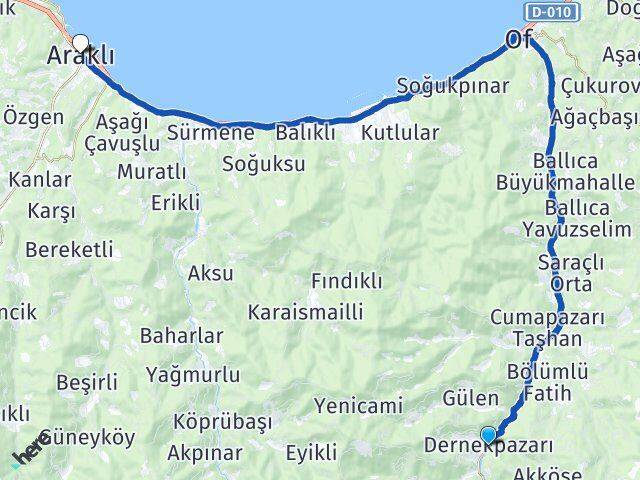 Trabzon Dernekpazarı Araklı Arası Kaç Km - Yol Haritası