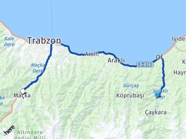 Trabzon Dernekpazarı Maçka Arası Kaç Km - Yol Haritası