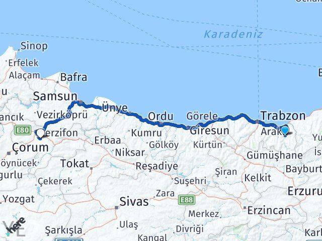 Trabzon Dernekpazarı Suluova Amasya Arası Kaç Km - Yol Haritası