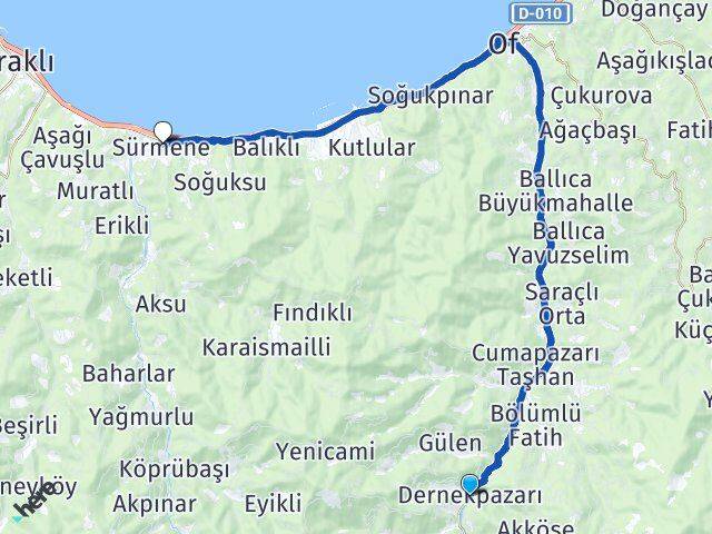Trabzon Dernekpazarı Sürmene Arası Kaç Km - Yol Haritası
