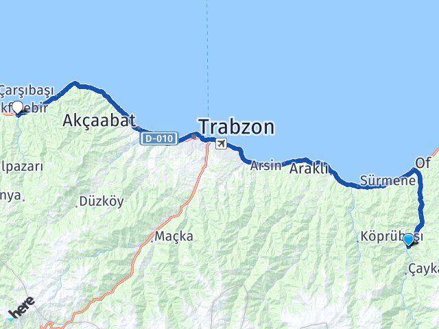 Trabzon Dernekpazarı Vakfıkebir Arası Kaç Km - Yol Haritası