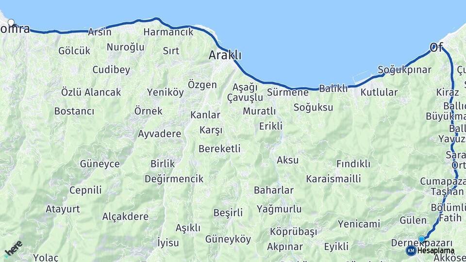 Trabzon Dernekpazarı Yomra Arası Kaç Km - Yol Haritası