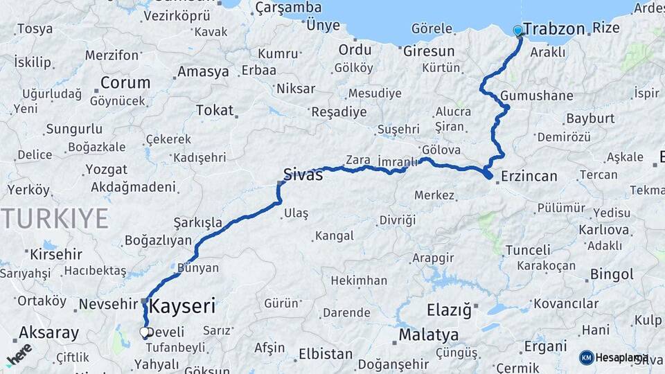 Trabzon Develi Kayseri Arası Kaç Saat? Yol Haritası, Yakıt, Rota ve Mesafe Hesaplama Trabzon Develi Kayseri Arası Kaç Km? Kaç Saat? Yol Haritası