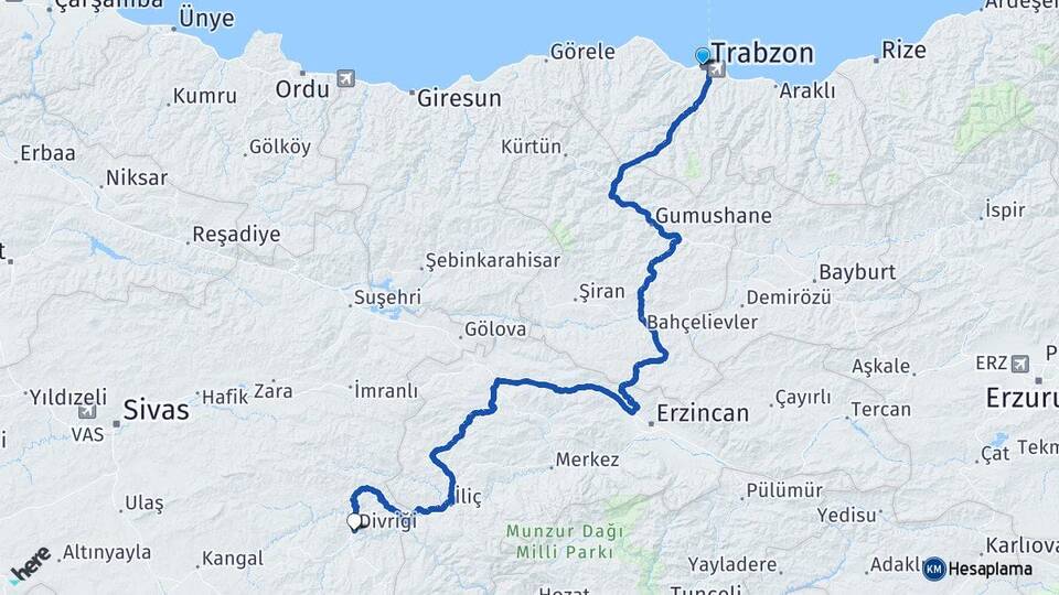 Trabzon Divriği Sivas Arası Kaç Km - Yol Haritası