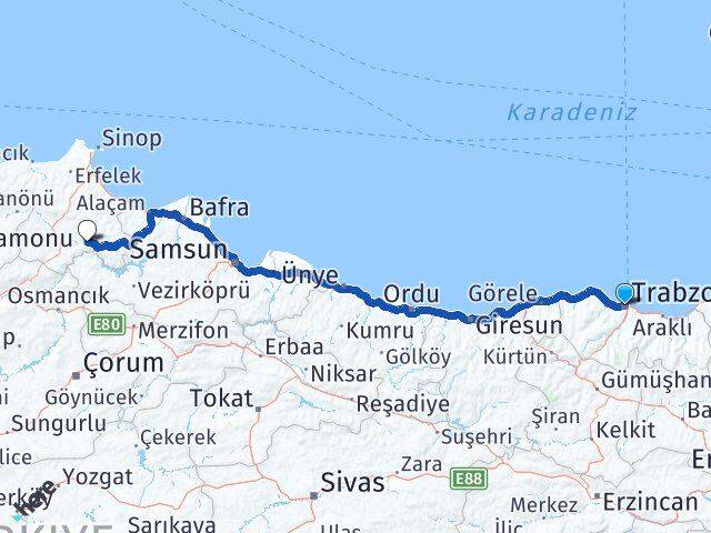 Trabzon Durağan Sinop Arası Kaç Km - Yol Haritası