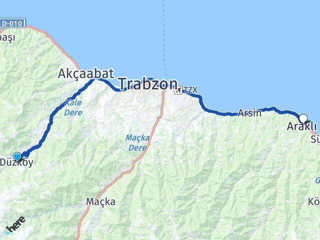 Trabzon Düzköy Araklı Arası Kaç Km - Yol Haritası