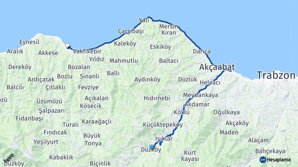 Trabzon Düzköy Beşikdüzü Arası Kaç Km - Yol Haritası
