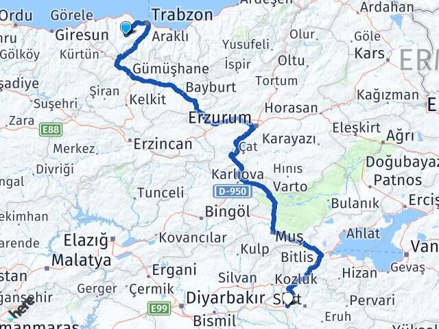 Trabzon Düzköy Kurtalan Siirt Arası Kaç Km - Yol Haritası