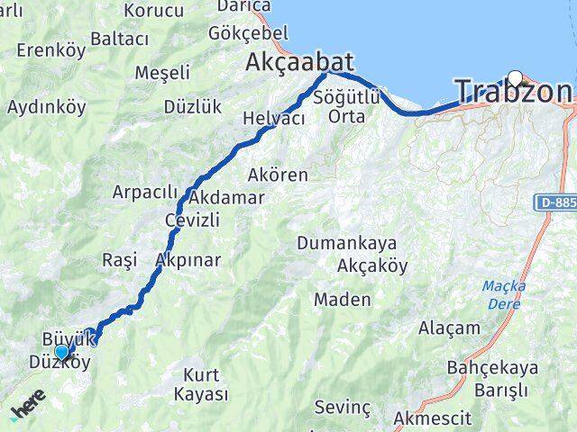 Trabzon Düzköy Ortahisar Arası Kaç Km - Yol Haritası