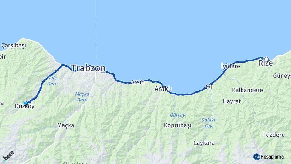 Trabzon Düzköy Rize Arası Kaç Km - Yol Haritası