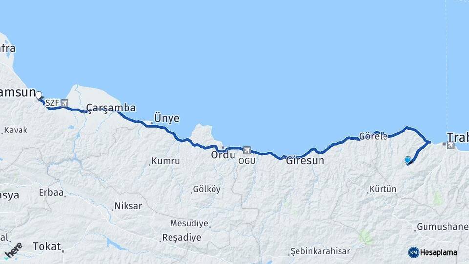 Trabzon Düzköy Samsun Arası Kaç Km - Yol Haritası
