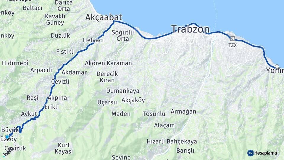 Trabzon Düzköy Yomra Arası Kaç Km - Yol Haritası