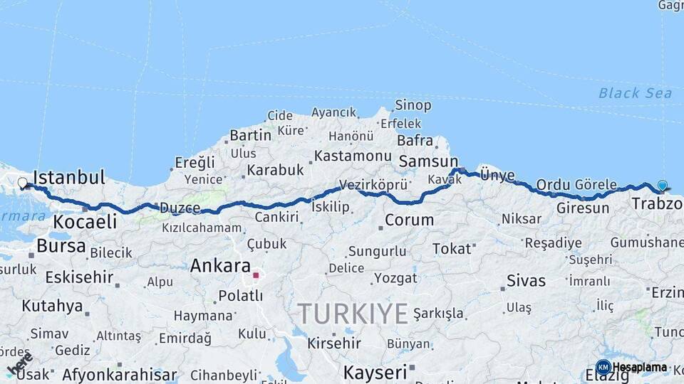 Trabzon Esenler İstanbul Arası Kaç Km - Yol Haritası