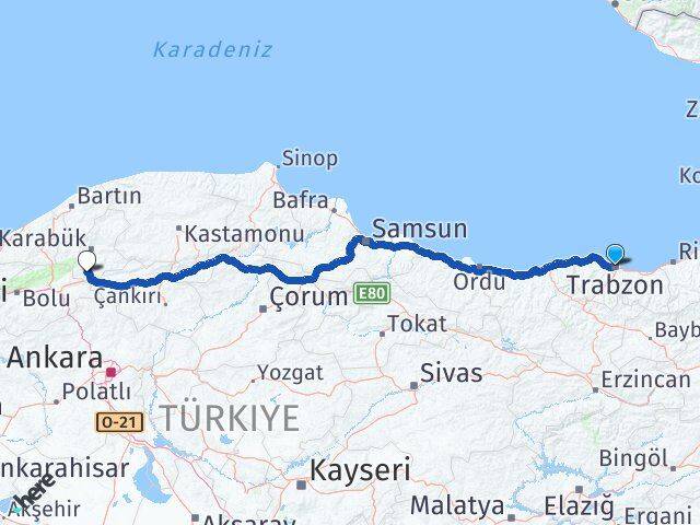Trabzon Eskipazar Karabük Arası Kaç Km - Yol Haritası