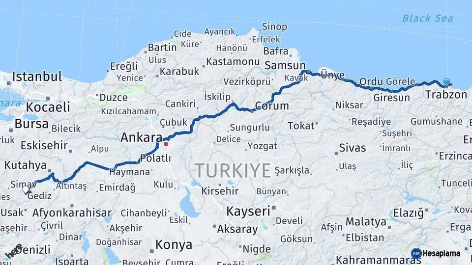 Trabzon Gediz Kütahya Arası Kaç Km - Yol Haritası