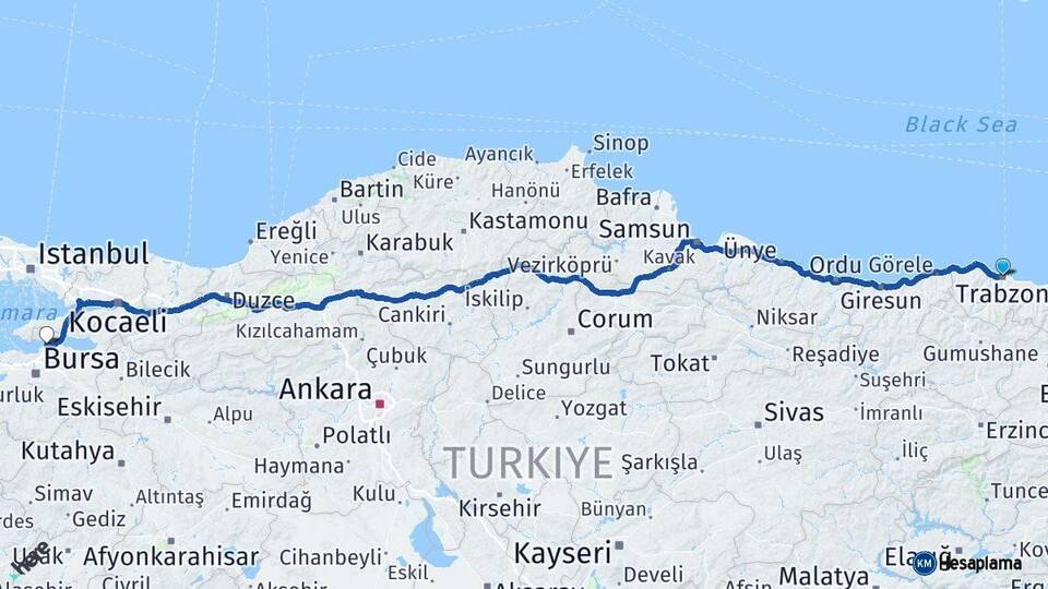 Trabzon Gemlik Bursa Arası Kaç Km - Yol Haritası