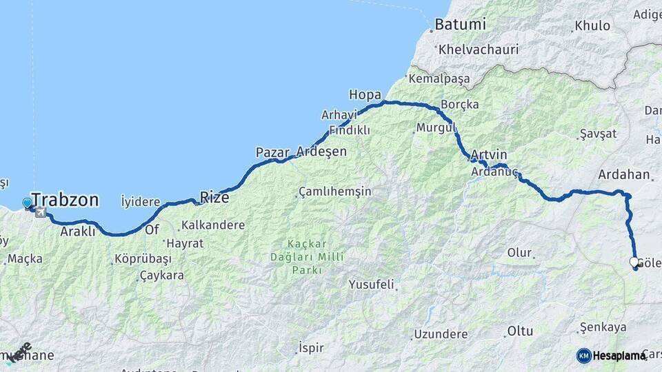 Trabzon Göle Ardahan Arası Kaç Km - Yol Haritası