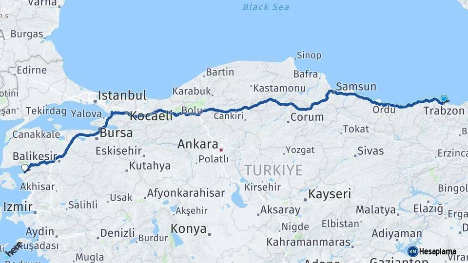 Trabzon Gömeç Balıkesir Arası Kaç Km - Yol Haritası