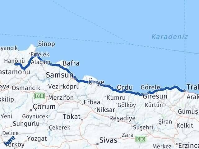 Trabzon Hanönü Kastamonu Arası Kaç Km - Yol Haritası