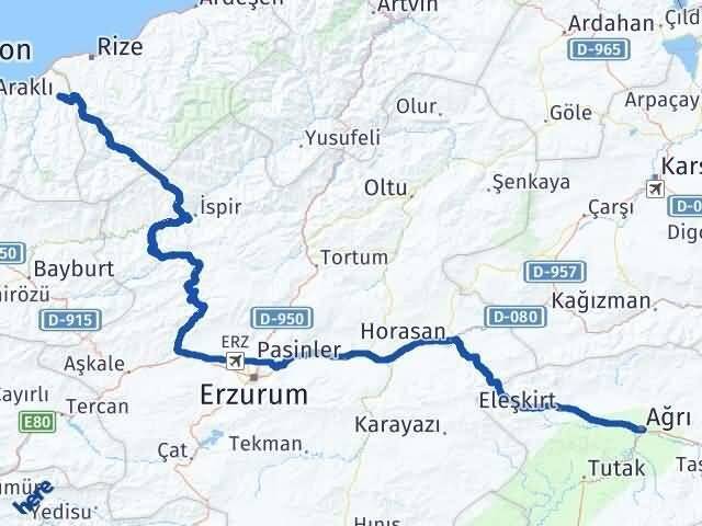 Trabzon Hayrat Ağrı Arası Kaç Km - Yol Haritası