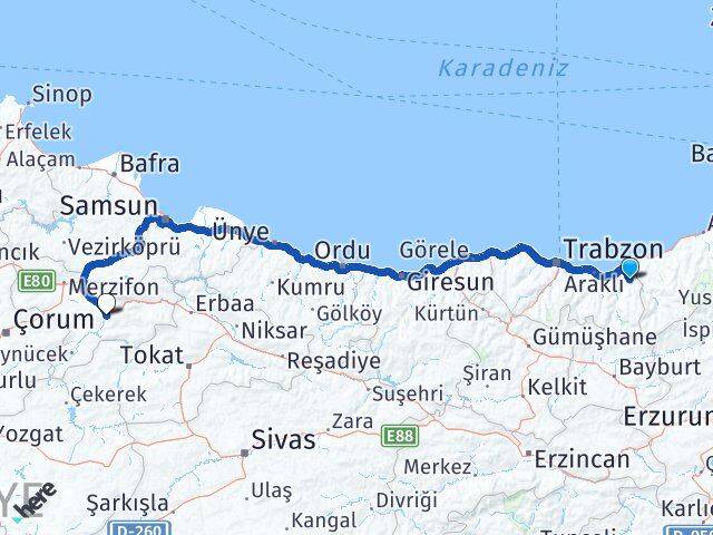 Trabzon Hayrat Amasya Arası Kaç Km - Yol Haritası