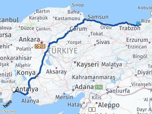 Trabzon Hayrat Antalya Arası Kaç Km - Yol Haritası