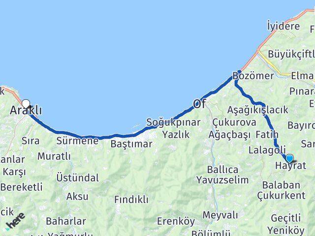 Trabzon Hayrat Araklı Arası Kaç Km - Yol Haritası