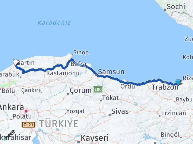 Trabzon Hayrat Bartın Arası Kaç Km - Yol Haritası