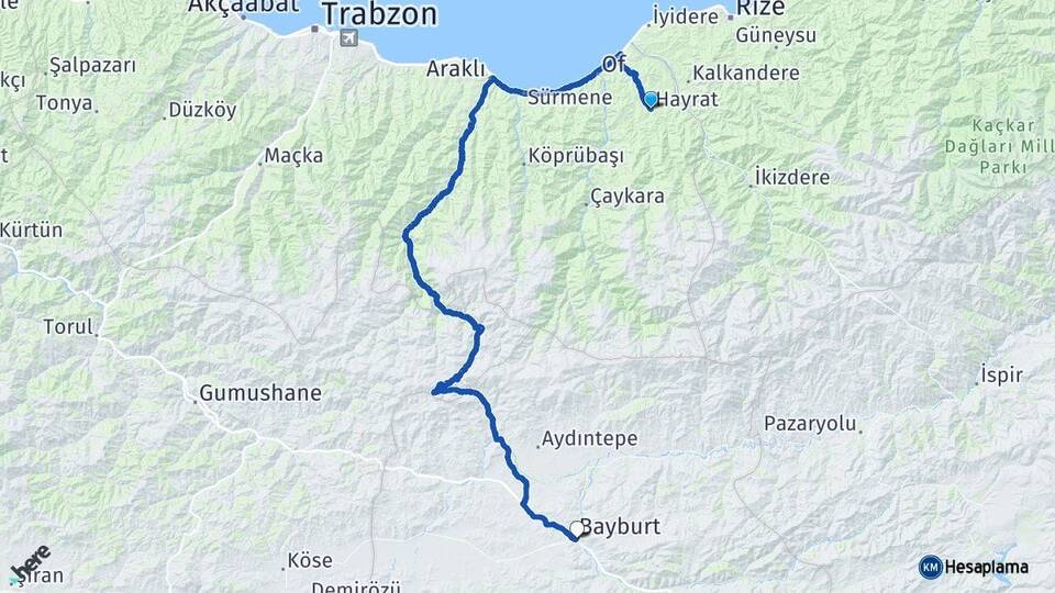 Trabzon Hayrat Bayburt Arası Kaç Km - Yol Haritası