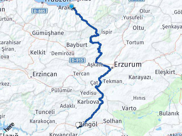 Trabzon Hayrat Bingöl Arası Kaç Km - Yol Haritası