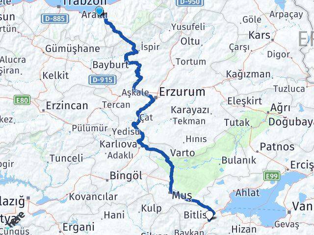 Trabzon Hayrat Bitlis Arası Kaç Km - Yol Haritası