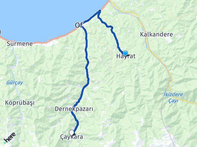 Trabzon Hayrat Çaykara Arası Kaç Km - Yol Haritası